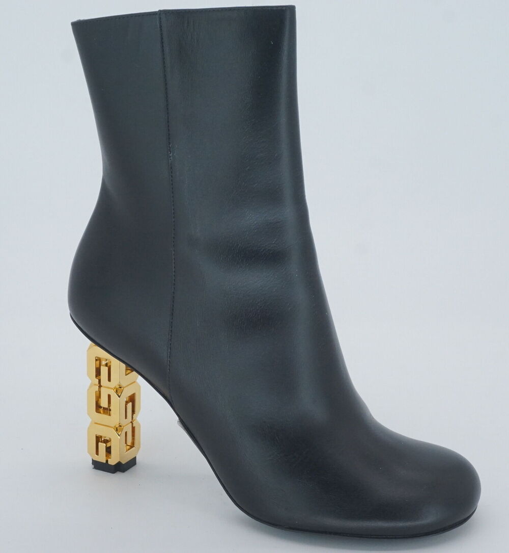Givenchy Black G Cube Leather Round Toe Ankle Booties SZ 37 Gold Logo Heel $1400